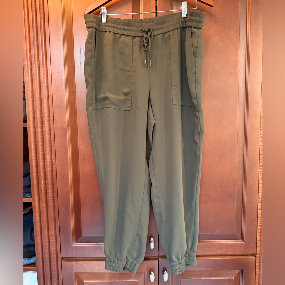 Ann Taylor Joggers Pants Womens L Pull On Drawstring Lightweight Pockets Green